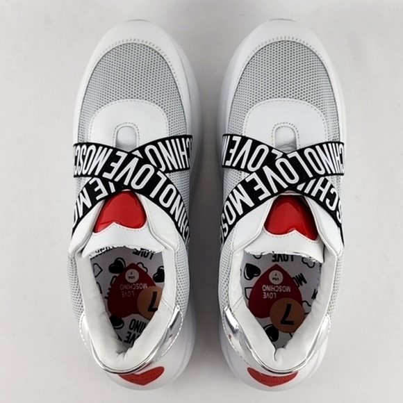LOVE MOSCHINO Logo Women's White Chunky Slip On Sneakers Leather Logo Band Sz 38 - Picture 10 of 16